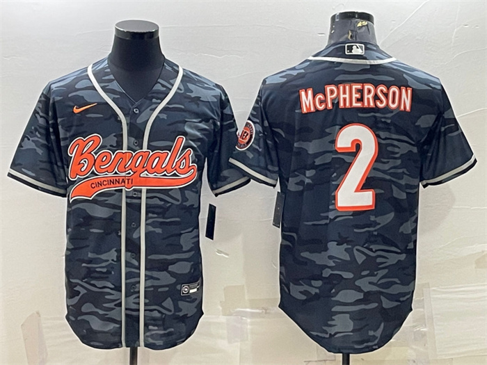 Men's Cincinnati Bengals #2 Evan McPherson Grey Camo With Patch Cool Base Stitched Baseball Jersey Men's Cincinnati Bengals #2 Evan McPherson Grey Camo With Patch Cool Base Stitched Baseball Jersey