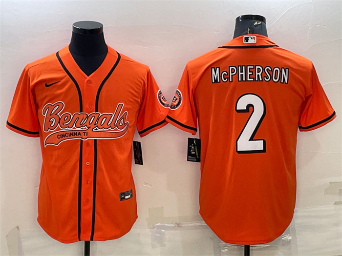 Men's Cincinnati Bengals #2 Evan McPherson Orange With Patch Cool Base Stitched Baseball Jersey Men's Cincinnati Bengals #2 Evan McPherson Orange With Patch Cool Base Stitched Baseball Jersey