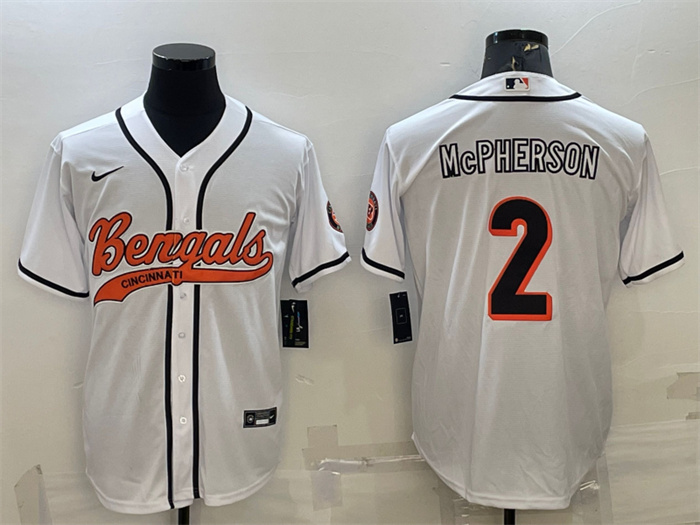 Men's Cincinnati Bengals #2 Evan McPherson White With Patch Cool Base Stitched Baseball Jersey Men's Cincinnati Bengals #2 Evan McPherson White With Patch Cool Base Stitched Baseball Jersey
