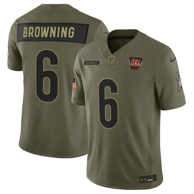 Men's Cincinnati Bengals #6 Jake Browning Olive 2025 F.U.S.E. Salute to Service Limited Stitched Football Jersey
