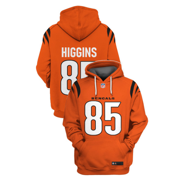 Men's Cincinnati Bengals #85 Tee Higgins 2021 Orange Pullover Hoodie Men's Cincinnati Bengals #85 Tee Higgins 2021 Orange Pullover Hoodie