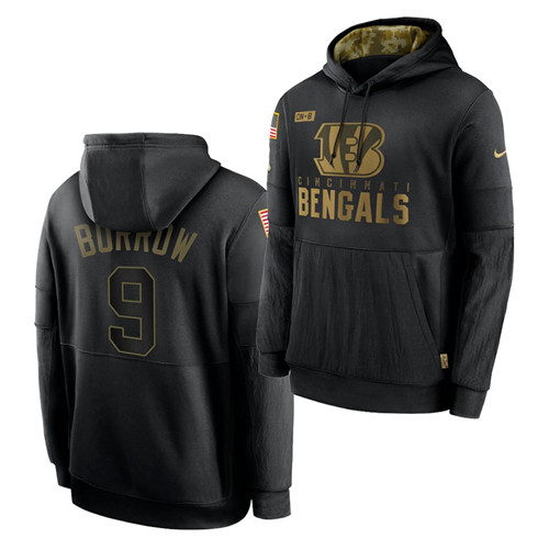 Men's Cincinnati Bengals #9 Joe Burrow 2020 Salute To Service Black Sideline Performance Pullover Hoodie
