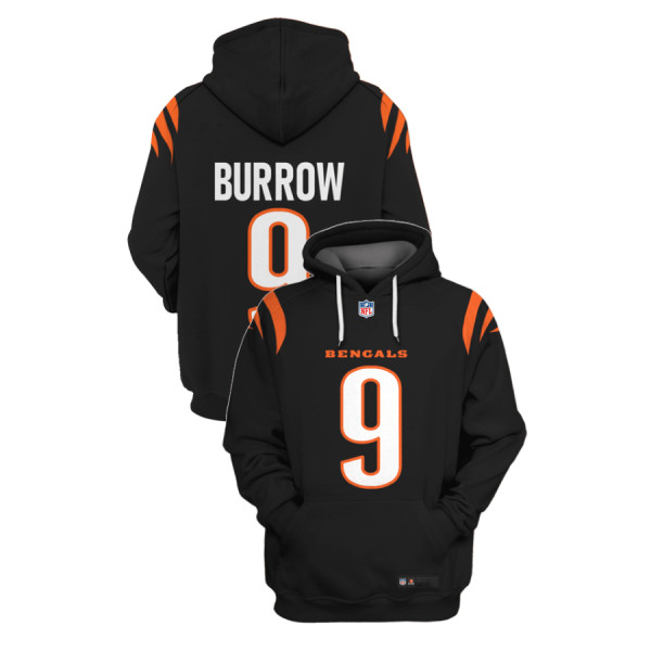 Men's Cincinnati Bengals #9 Joe Burrow 2021 Black Pullover Hoodie Men's Cincinnati Bengals #9 Joe Burrow 2021 Black Pullover Hoodie