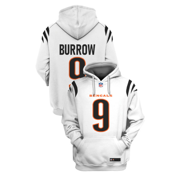 Men's Cincinnati Bengals #9 Joe Burrow 2021 White Pullover Hoodie Men's Cincinnati Bengals #9 Joe Burrow 2021 White Pullover Hoodie