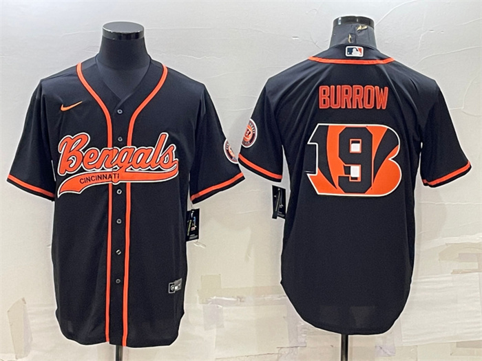 Men's Cincinnati Bengals #9 Joe Burrow Black Team Big Logo With Patch Cool Base Stitched Baseball Jersey Men's Cincinnati Bengals #9 Joe Burrow Black Team Big Logo With Patch Cool Base Stitched Baseball Jersey