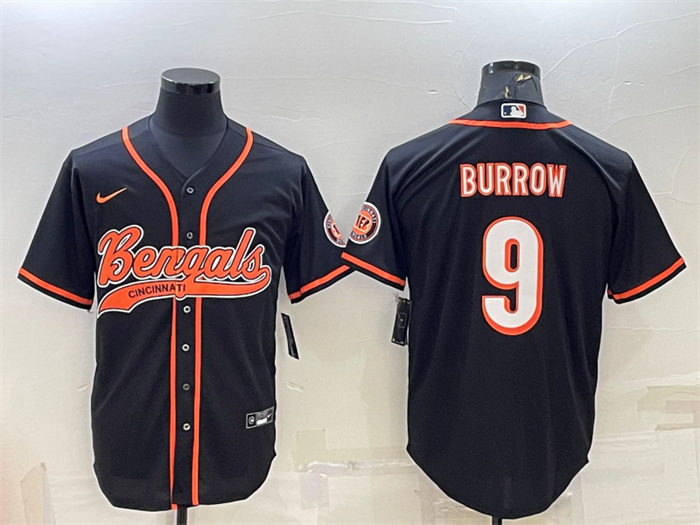 Men's Cincinnati Bengals #9 Joe Burrow Black With Patch Cool Base Stitched Baseball Jersey Men's Cincinnati Bengals #9 Joe Burrow Black With Patch Cool Base Stitched Baseball Jersey