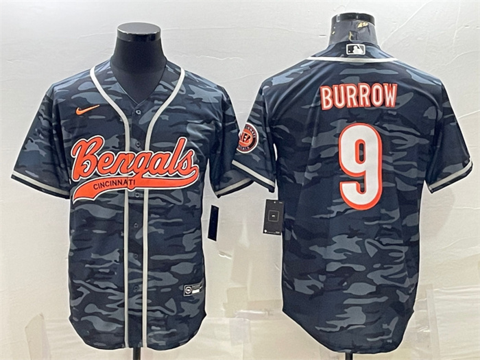 Men's Cincinnati Bengals #9 Joe Burrow Grey Camo With Patch Cool Base Stitched Baseball Jersey Men's Cincinnati Bengals #9 Joe Burrow Grey Camo With Patch Cool Base Stitched Baseball Jersey