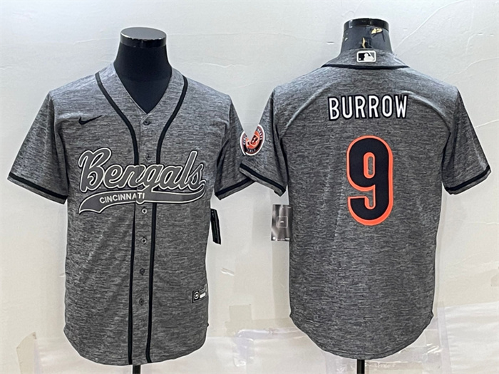 Men's Cincinnati Bengals #9 Joe Burrow Grey With Patch Cool Base Stitched Baseball Jersey Men's Cincinnati Bengals #9 Joe Burrow Grey With Patch Cool Base Stitched Baseball Jersey