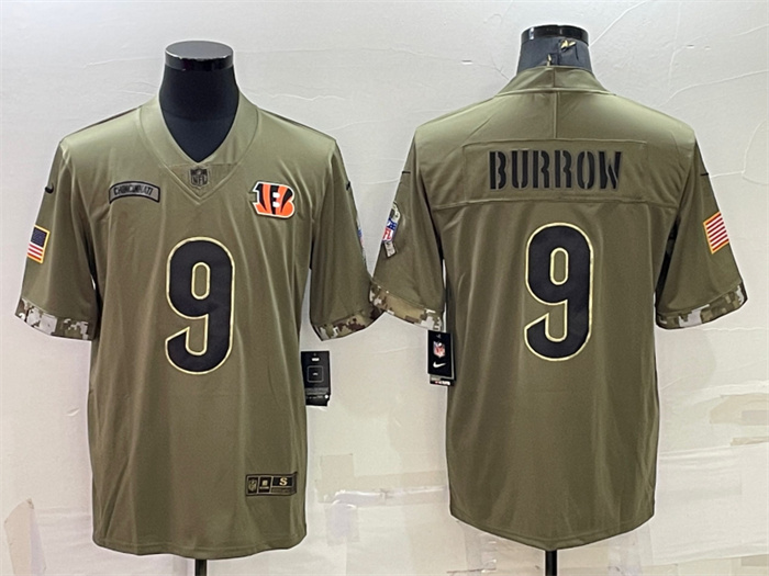Men's Cincinnati Bengals #9 Joe Burrow Olive 2022 Salute To Service Limited Stitched Jersey