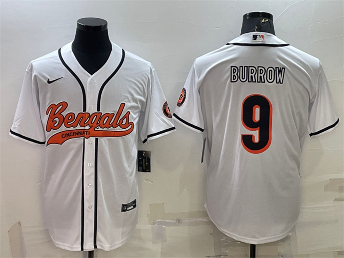 Men's Cincinnati Bengals #9 Joe Burrow White With Patch Cool Base Stitched Baseball Jersey Men's Cincinnati Bengals #9 Joe Burrow White With Patch Cool Base Stitched Baseball Jersey