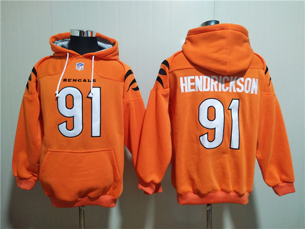 Men's Cincinnati Bengals #91 Trey Hendrickson Orange Pullover Hoodie Men's Cincinnati Bengals #91 Trey Hendrickson Orange Pullover Hoodie
