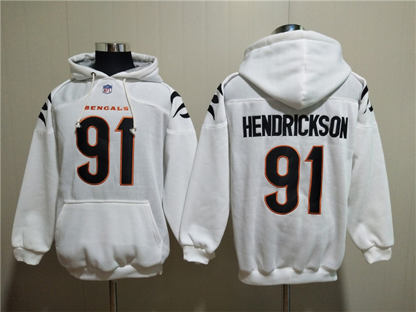 Men's Cincinnati Bengals #91 Trey Hendrickson White Pullover Hoodie Men's Cincinnati Bengals #91 Trey Hendrickson White Pullover Hoodie