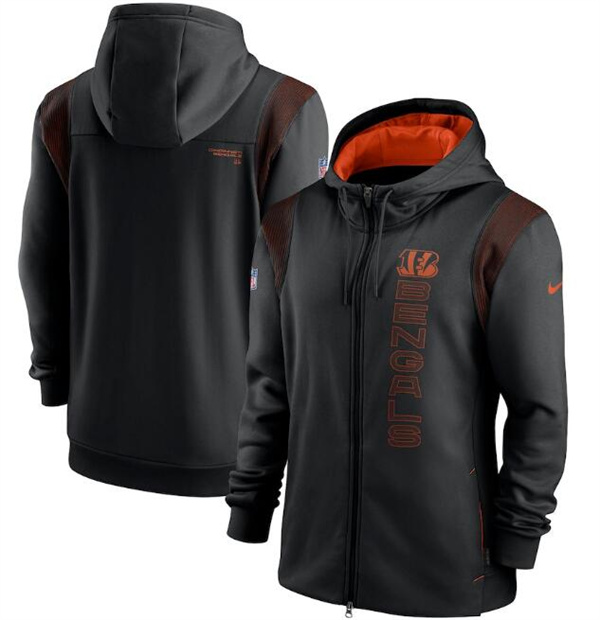 Men's Cincinnati Bengals 2021 Black Sideline Team Performance Full-Zip Hoodie Men's Cincinnati Bengals 2021 Black Sideline Team Performance Full-Zip Hoodie