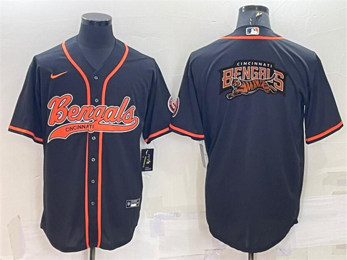 Men's Cincinnati Bengals Black Team Big Logo With Patch Cool Base Stitched Baseball Jersey Men's Cincinnati Bengals Black Team Big Logo With Patch Cool Base Stitched Baseball Jersey