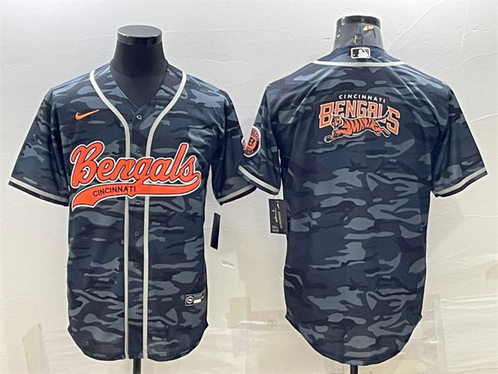 Men's Cincinnati Bengals Grey Camo Team Big Logo With Patch Cool Base Stitched Baseball Jersey Men's Cincinnati Bengals Grey Camo Team Big Logo With Patch Cool Base Stitched Baseball Jersey
