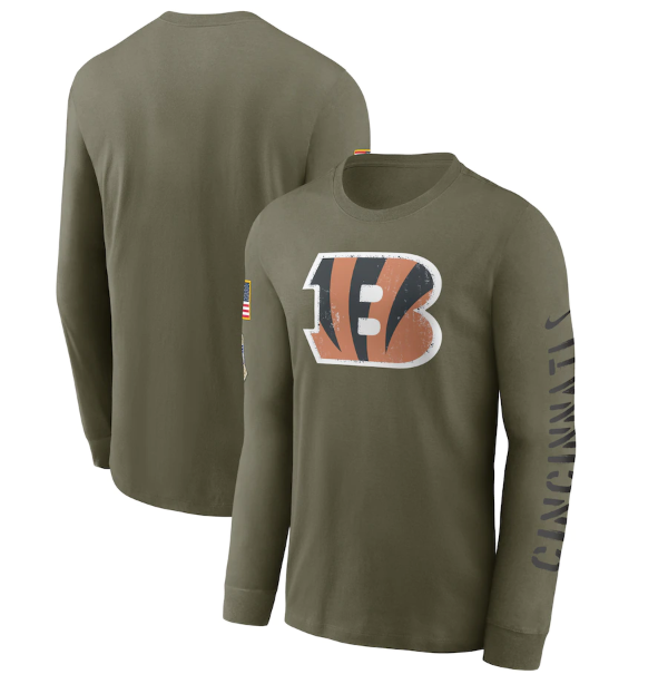 Men's Cincinnati Bengals Olive 2022 Salute To Service Long Sleeve T-Shirt Men's Cincinnati Bengals Olive 2022 Salute To Service Long Sleeve T-Shirt