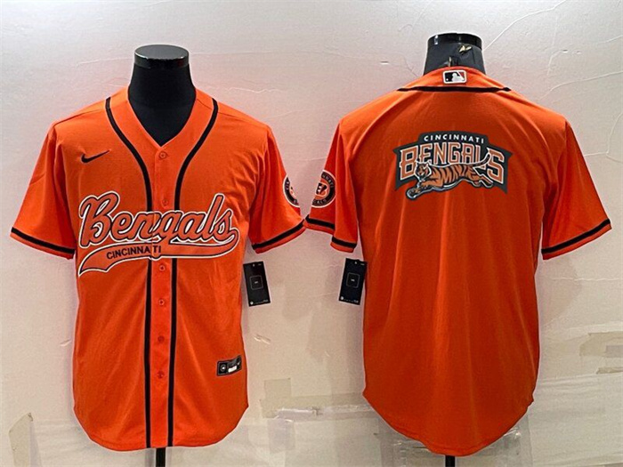 Men's Cincinnati Bengals Orange Team Big Logo With Patch Cool Base Stitched Baseball Jersey Men's Cincinnati Bengals Orange Team Big Logo With Patch Cool Base Stitched Baseball Jersey