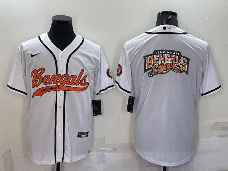 Men's Cincinnati Bengals White Team Big Logo With Patch Cool Base Stitched Baseball Jersey Men's Cincinnati Bengals White Team Big Logo With Patch Cool Base Stitched Baseball Jersey