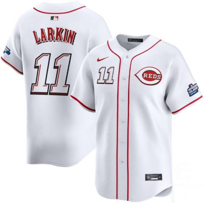 Men's Cincinnati Reds #11 Barry Larkin White 2025 Speedway Classic Home Limited Stitched Baseball Jersey Men's Cincinnati Reds #11 Barry Larkin White 2025 Speedway Classic Home Limited Stitched Baseball Jersey