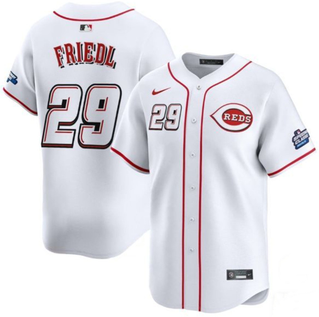 Men's Cincinnati Reds #29 TJ Friedl White 2025 Speedway Classic Home Limited Stitched Baseball Jersey Men's Cincinnati Reds #29 TJ Friedl White 2025 Speedway Classic Home Limited Stitched Baseball Jersey