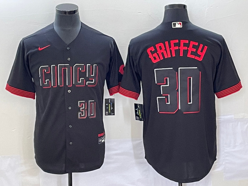 Men's Cincinnati Reds #30 Ken Griffey Jr. Black 2023 City Connect With Patch Stitched Jersey Men's Cincinnati Reds #30 Ken Griffey Jr. Black 2023 City Connect With Patch Stitched Jersey
