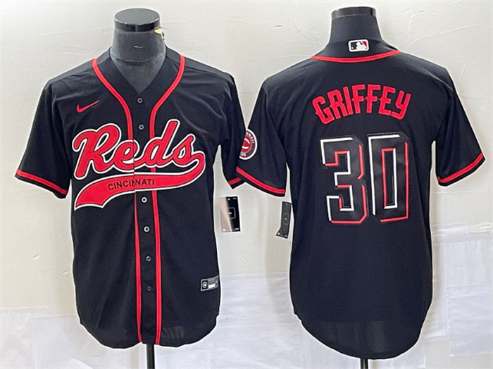 Men's Cincinnati Reds #30 Ken Griffey Jr. Black Cool Base Stitched Baseball Jersey Men's Cincinnati Reds #30 Ken Griffey Jr. Black Cool Base Stitched Baseball Jersey