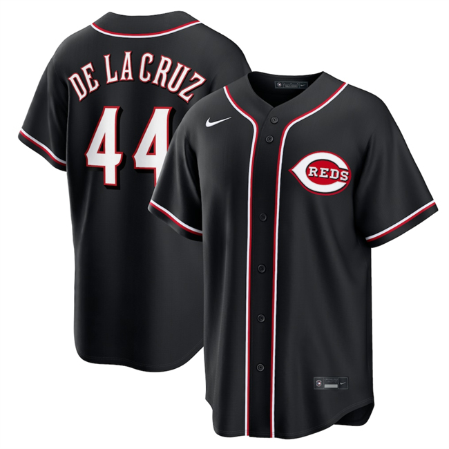 Men's Cincinnati Reds #44 Elly De La Cruz 2026 Fashion Replica Black Out Stitched Baseball Jersey Men's Cincinnati Reds #44 Elly De La Cruz 2026 Fashion Replica Black Out Stitched Baseball Jersey