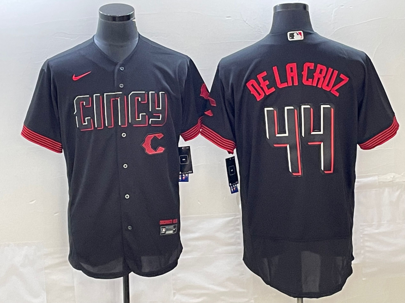 Men's Cincinnati Reds #44 Elly De La Cruz Black 2023 City Connect Cool Base Stitched Jersey 1 Men's Cincinnati Reds #44 Elly De La Cruz Black 2023 City Connect Cool Base Stitched Jersey 1