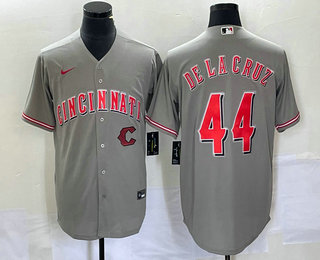 Men's Cincinnati Reds #44 Elly De La Cruz Grey Cool Base Stitched Baseball Jersey1 Men's Cincinnati Reds #44 Elly De La Cruz Grey Cool Base Stitched Baseball Jersey1