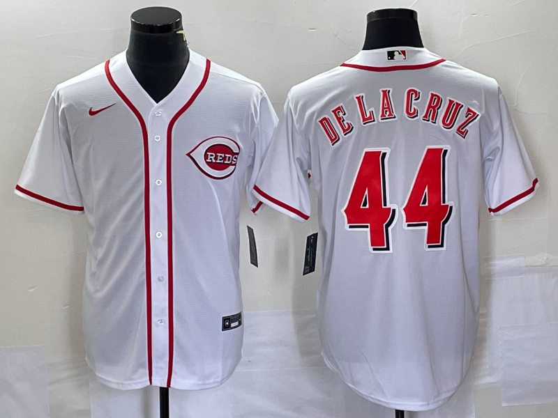Men's Cincinnati Reds #44 Elly De La Cruz Number White Cool Base Stitched Baseball Jersey 1 Men's Cincinnati Reds #44 Elly De La Cruz Number White Cool Base Stitched Baseball Jersey 1