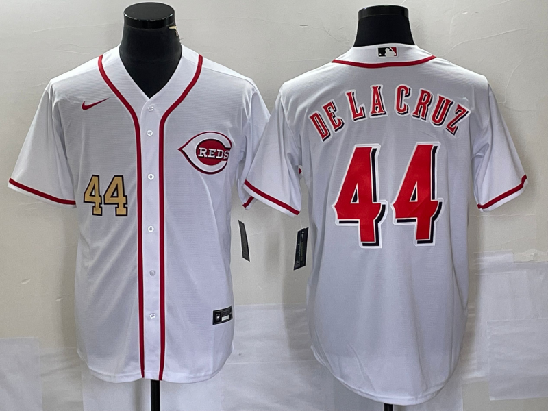 Men's Cincinnati Reds #44 Elly De La Cruz Number White Cool Base Stitched Baseball Jersey Men's Cincinnati Reds #44 Elly De La Cruz Number White Cool Base Stitched Baseball Jersey
