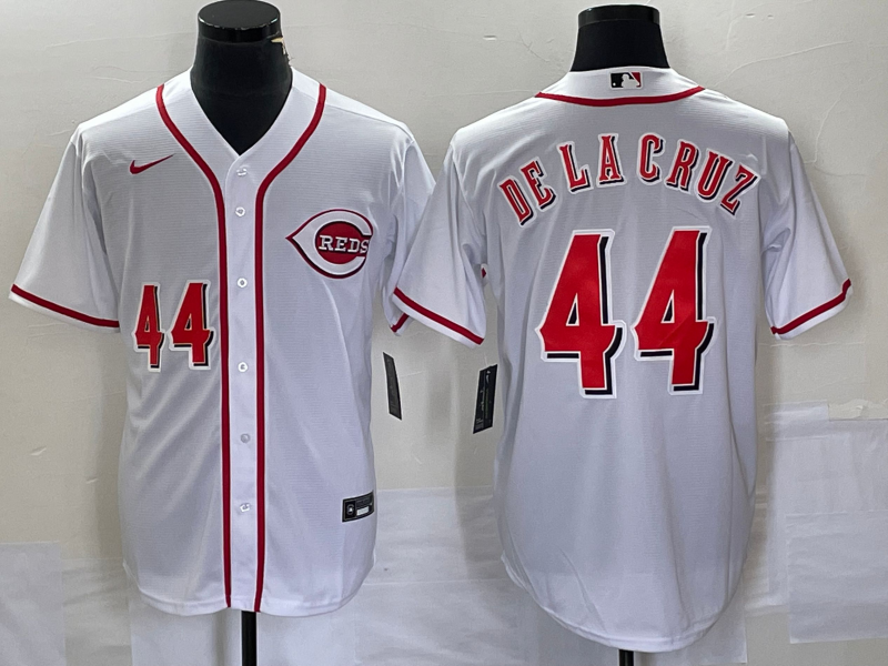 Men's Cincinnati Reds #44 Elly De La Cruz Number White Cool Base Stitched Baseball Jersey1 Men's Cincinnati Reds #44 Elly De La Cruz Number White Cool Base Stitched Baseball Jersey1