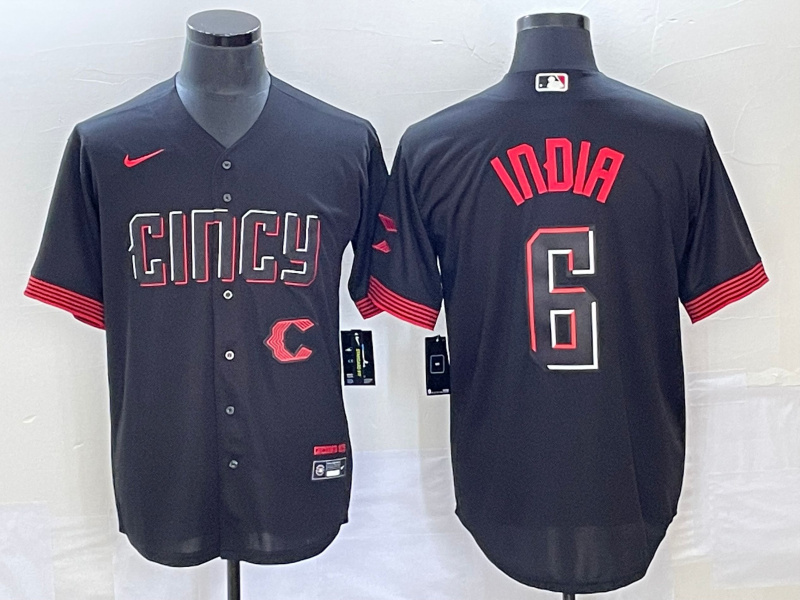 Men's Cincinnati Reds #6 Jonathan India Black 2023 City Connect With Patch Stitched Jersey Men's Cincinnati Reds #6 Jonathan India Black 2023 City Connect With Patch Stitched Jersey