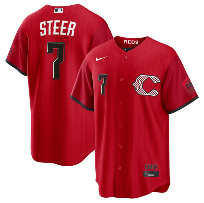 Men's Cincinnati Reds #7 Spencer Steer Red 2026 City Connect Stadium Stitched Baseball Jersey Men's Cincinnati Reds #7 Spencer Steer Red 2026 City Connect Stadium Stitched Baseball Jersey