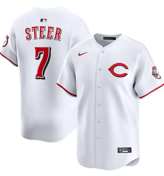 Men's Cincinnati Reds #7 Spencer Steer White 2025 Home Limited Stitched Baseball Jersey Men's Cincinnati Reds #7 Spencer Steer White 2025 Home Limited Stitched Baseball Jersey