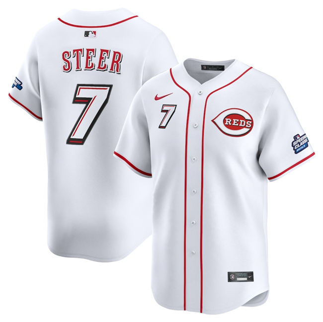 Men's Cincinnati Reds #7 Spencer Steer White 2025 Speedway Classic Home Limited Stitched Baseball Jersey Men's Cincinnati Reds #7 Spencer Steer White 2025 Speedway Classic Home Limited Stitched Baseball Jersey