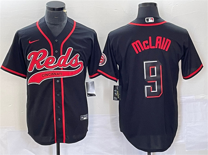 Men's Cincinnati Reds #9 Matt McLain Black Cool Base Stitched Baseball Jersey Men's Cincinnati Reds #9 Matt McLain Black Cool Base Stitched Baseball Jersey