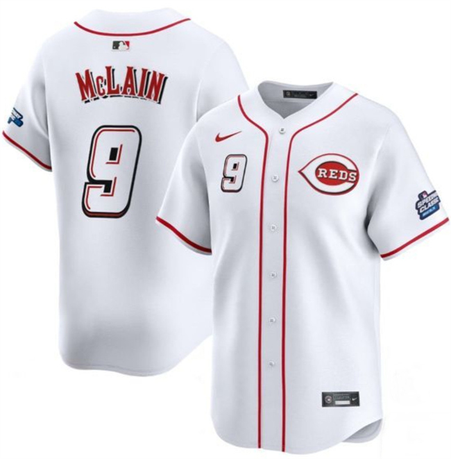 Men's Cincinnati Reds #9 Matt McLain White 2025 Speedway Classic Home Limited Stitched Baseball Jersey Men's Cincinnati Reds #9 Matt McLain White 2025 Speedway Classic Home Limited Stitched Baseball Jersey
