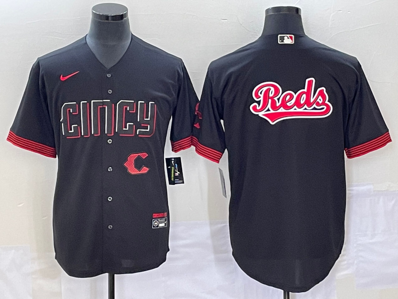 Men's Cincinnati Reds Black Team Big Logo 2023 City Connect Cool Base Stitched Baseball Jersey Men's Cincinnati Reds Black Team Big Logo 2023 City Connect Cool Base Stitched Baseball Jersey