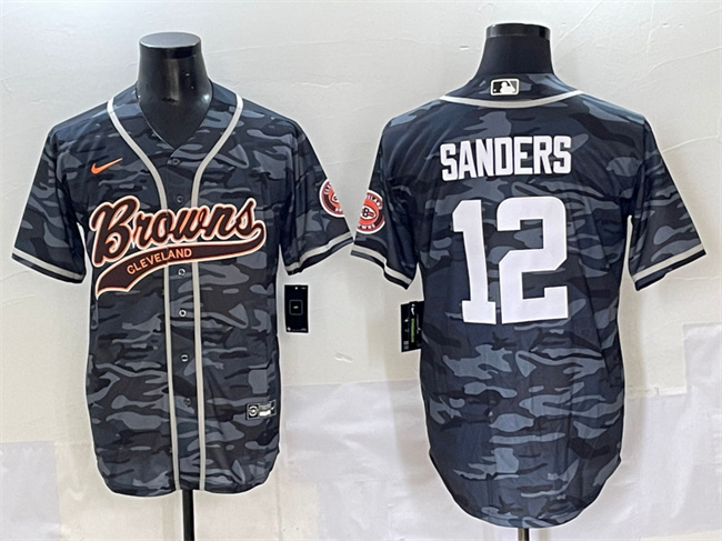 Men's Cleveland Browns #12 Shedeur Sanders Grey Camo With Patch Cool Base Stitched Baseball Jersey