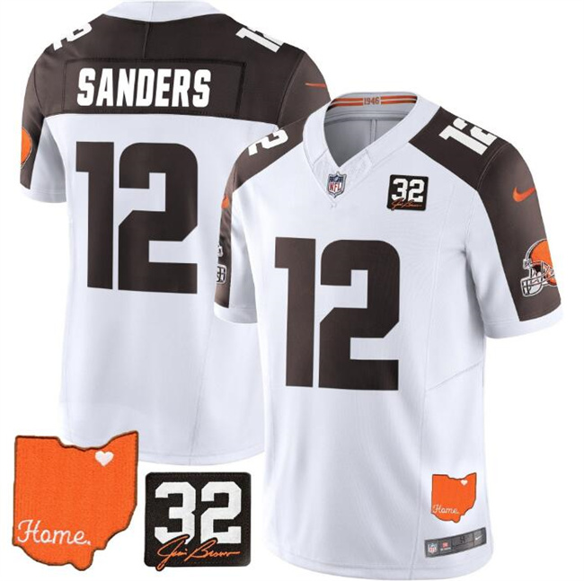 Men's Cleveland Browns #12 Shedeur Sanders White Brown 2025 Draft F.U.S.E. With Jim Brown Memorial & Home Patch Vapor Limited Stitched Football Jersey