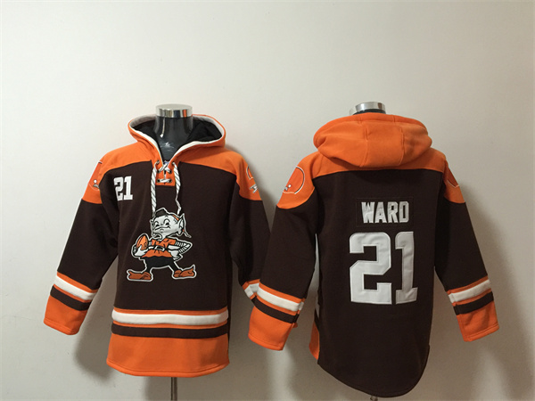 Men's Cleveland Browns #21 Denzel Ward Brown Lace-Up Pullover Hoodie Men's Cleveland Browns #21 Denzel Ward Brown Lace-Up Pullover Hoodie