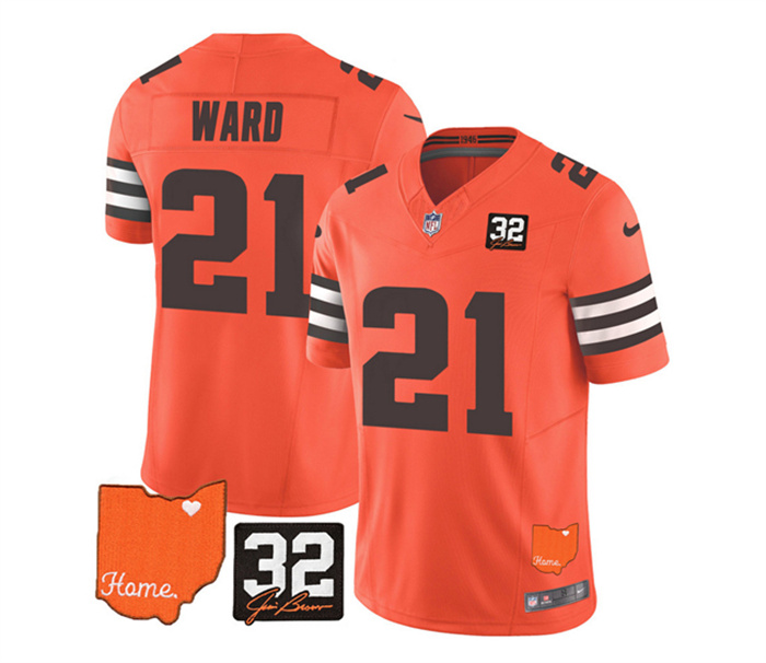 Men's Cleveland Browns #21 Denzel Ward Orange 2023 F.U.S.E. With Jim Brown Memorial Patch Vapor Untouchable Limited Stitched Jersey Men's Cleveland Browns #21 Denzel Ward Orange 2023 F.U.S.E. With Jim Brown Memorial Patch Vapor Untouchable Limited Stitched Jersey