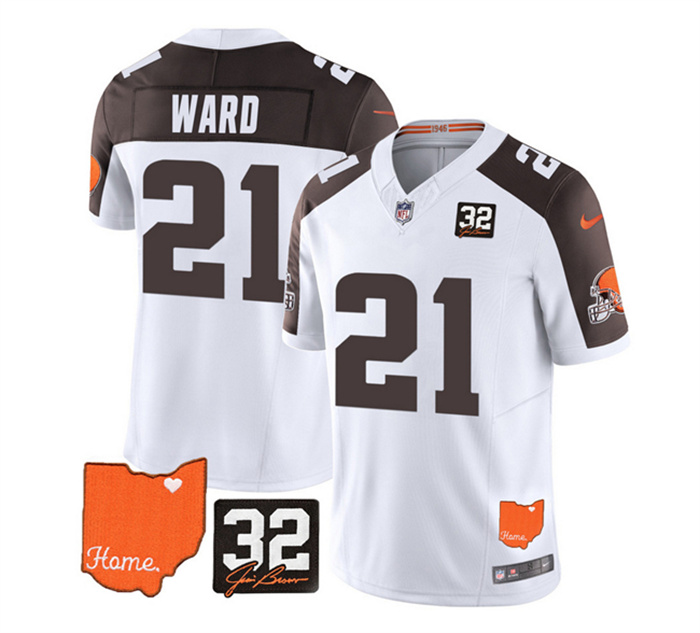 Men's Cleveland Browns #21 Denzel Ward White Brown 2023 F.U.S.E. With Jim Brown Memorial Patch Vapor Untouchable Limited Stitched Jersey Men's Cleveland Browns #21 Denzel Ward White Brown 2023 F.U.S.E. With Jim Brown Memorial Patch Vapor Untouchable Limited Stitched Jersey