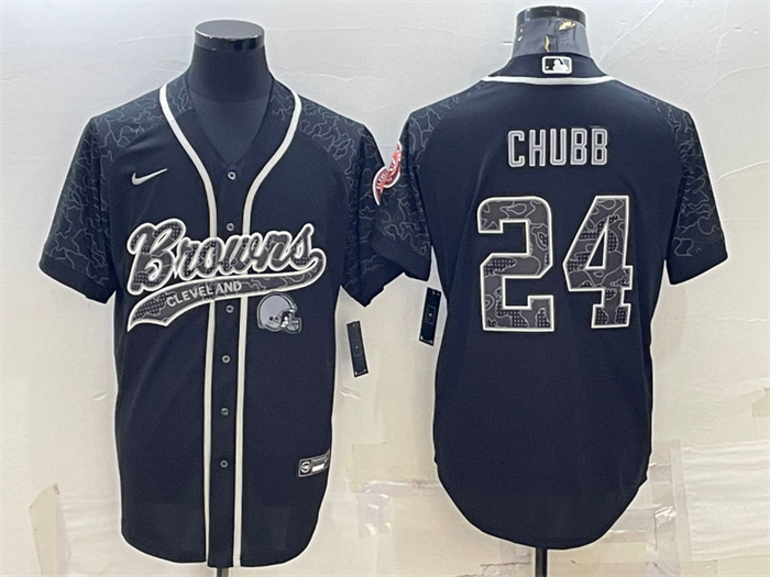 Men's Cleveland Browns #24 Nick Chubb Black Reflective With Patch Cool Base Stitched Baseball Jersey Men's Cleveland Browns #24 Nick Chubb Black Reflective With Patch Cool Base Stitched Baseball Jersey