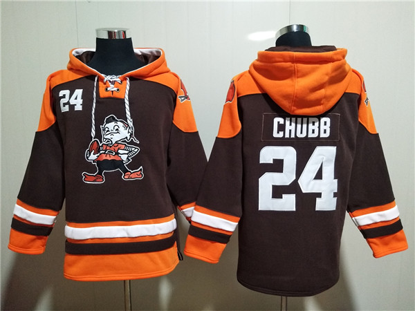Men's Cleveland Browns #24 Nick Chubb Brown Lace-Up Pullover Hoodie Men's Cleveland Browns #24 Nick Chubb Brown Lace-Up Pullover Hoodie