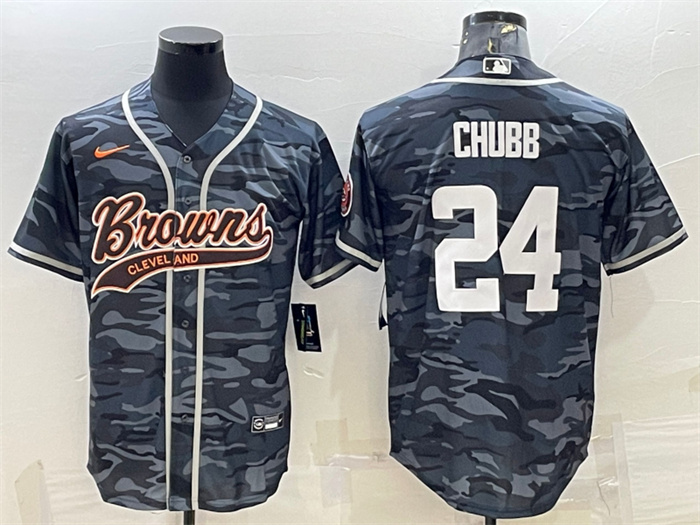 Men's Cleveland Browns #24 Nick Chubb Grey Camo With Patch Cool Base Stitched Baseball Jersey Men's Cleveland Browns #24 Nick Chubb Grey Camo With Patch Cool Base Stitched Baseball Jersey