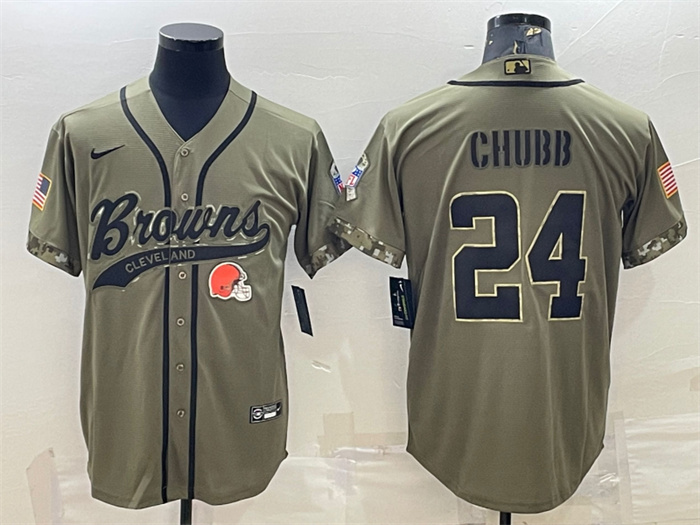 Men's Cleveland Browns #24 Nick Chubb Olive 2022 Salute To Service Cool Base Stitched Baseball Jersey Men's Cleveland Browns #24 Nick Chubb Olive 2022 Salute To Service Cool Base Stitched Baseball Jersey