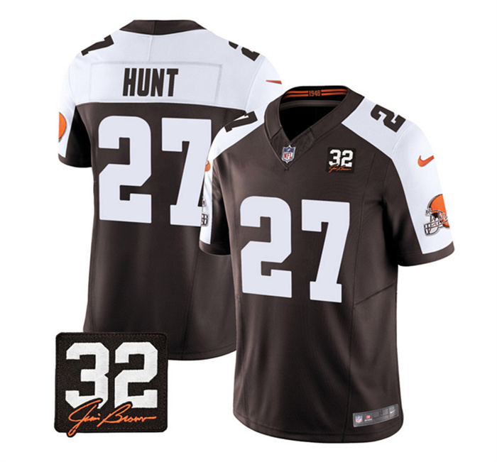Men's Cleveland Browns #27 Kareem Hunt Brown White 2023 F.U.S.E. With Jim Brown Memorial Patch Vapor Untouchable Limited Stitched Jersey Men's Cleveland Browns #27 Kareem Hunt Brown White 2023 F.U.S.E. With Jim Brown Memorial Patch Vapor Untouchable Limited Stitched Jersey