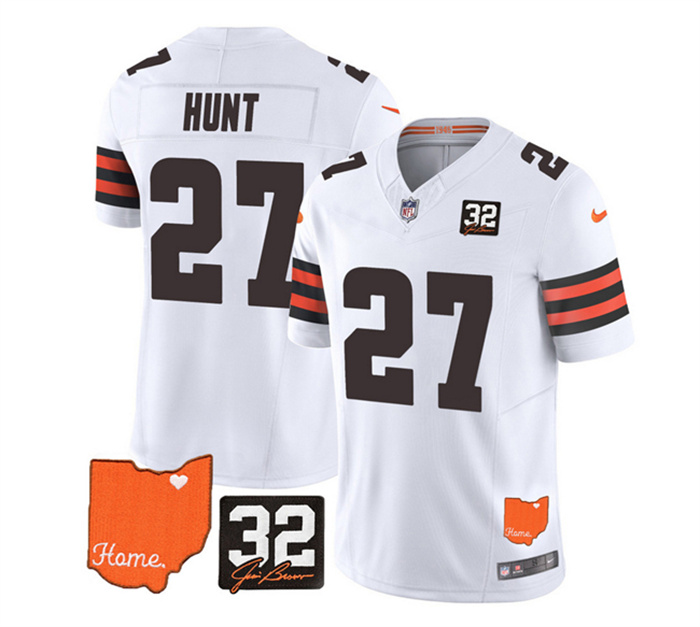 Men's Cleveland Browns #27 Kareem Hunt White 2023 F.U.S.E. With Jim Brown Memorial Patch Vapor Untouchable Limited Stitched Jersey Men's Cleveland Browns #27 Kareem Hunt White 2023 F.U.S.E. With Jim Brown Memorial Patch Vapor Untouchable Limited Stitched Jersey